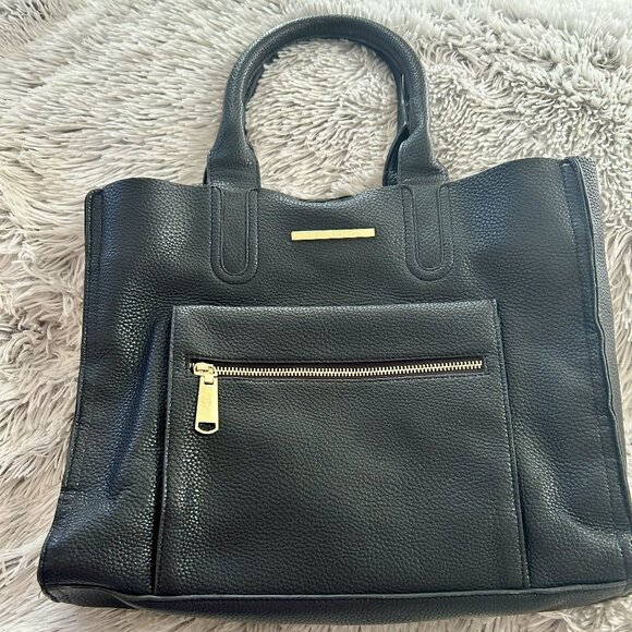 Steve Madden Handbags - Steve Madden Black Faux Leather Laptop Tote, Gold Zip Front, Work Bag